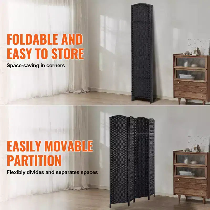 Divisorio a 4 pannelli, paravento pieghevole intrecciato a mano con cerniere, divisorio portatile autoportante, nero