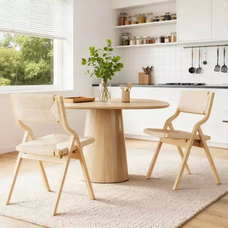 Set di 2 sedie da pranzo in legno pieghevoli e impilabili con seduta e schienale intrecciati, naturali