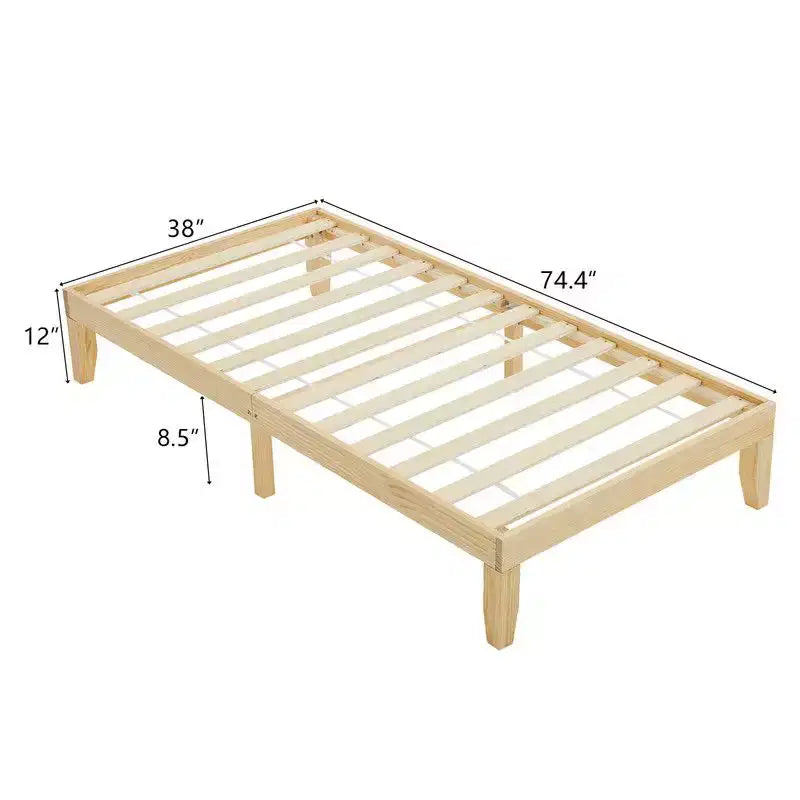 Letto a piattaforma singolo con struttura in legno di pino