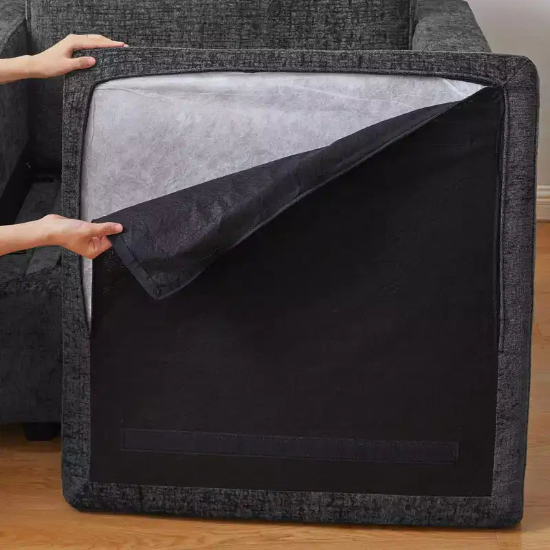 Divano componibile in ciniglia a 3 posti con pouf contenitore e seduta extra profonda