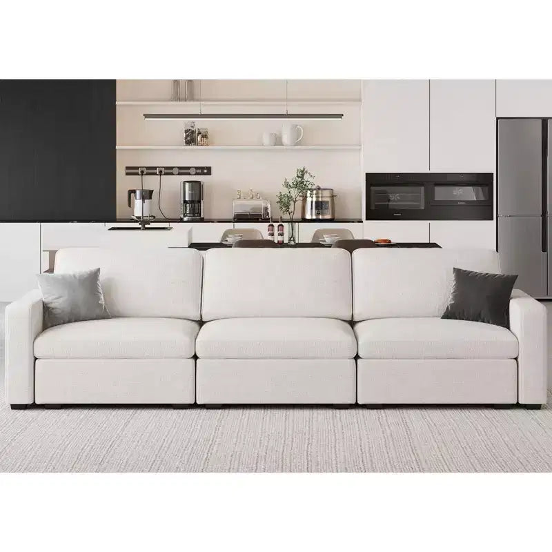 Divano componibile in ciniglia a 3 posti con pouf contenitore e seduta extra profonda