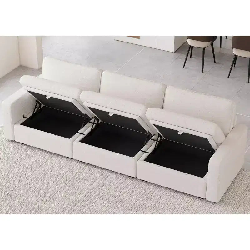 Divano componibile in ciniglia a 3 posti con pouf contenitore e seduta extra profonda