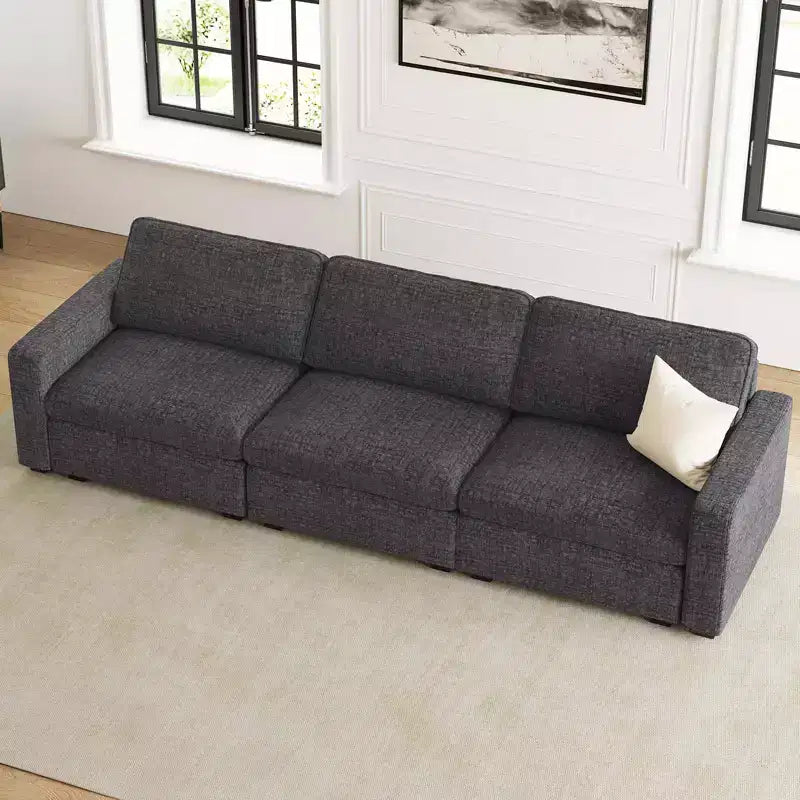 Divano componibile in ciniglia a 3 posti con pouf contenitore e seduta extra profonda
