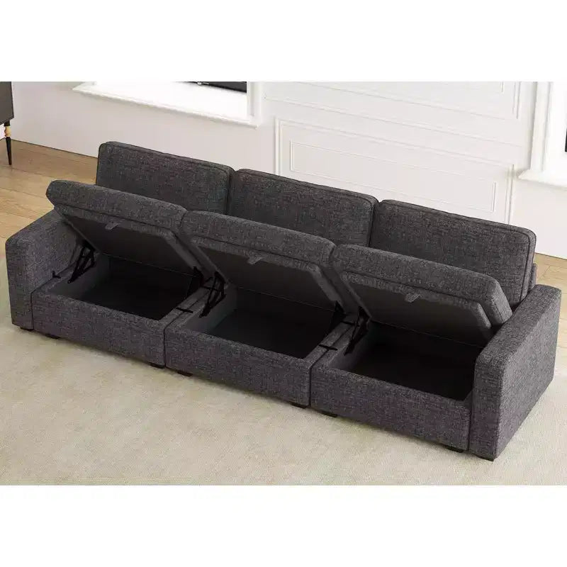 Divano componibile in ciniglia a 3 posti con pouf contenitore e seduta extra profonda