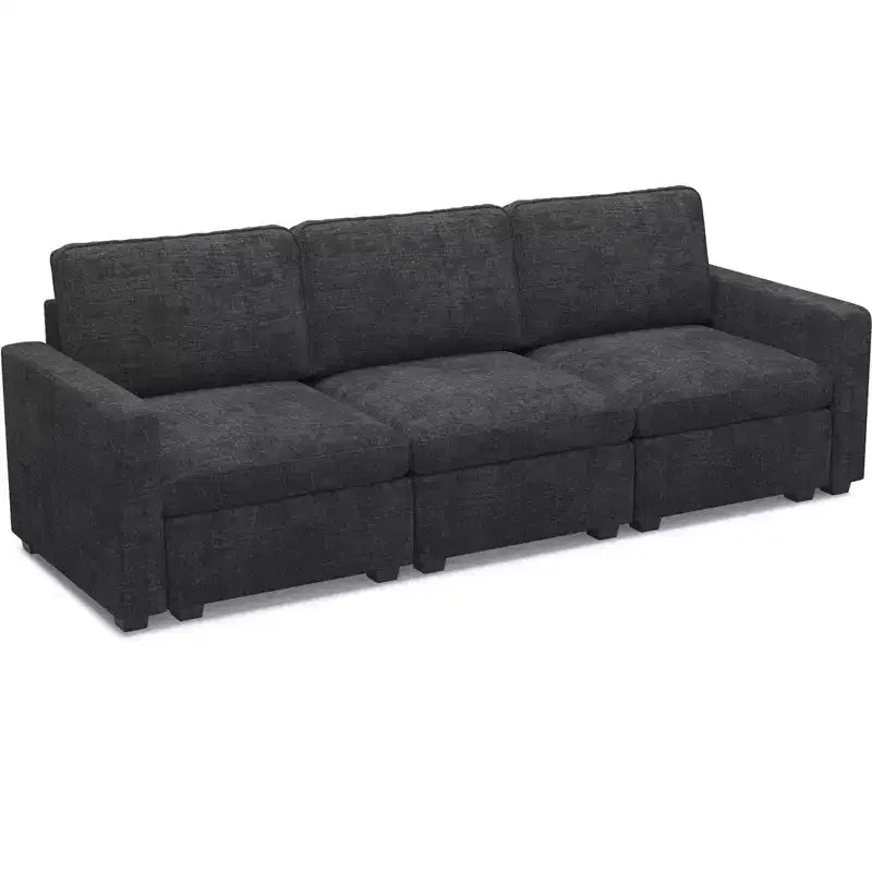 Divano componibile in ciniglia a 3 posti con pouf contenitore e seduta extra profonda