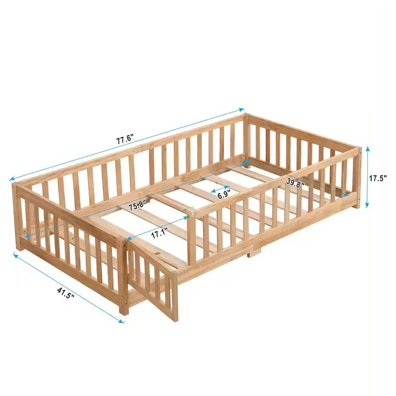 Struttura Letto per Bambini in Legno Massello Dimensione Singola con Sponde di Sicurezza e Doghe di Supporto