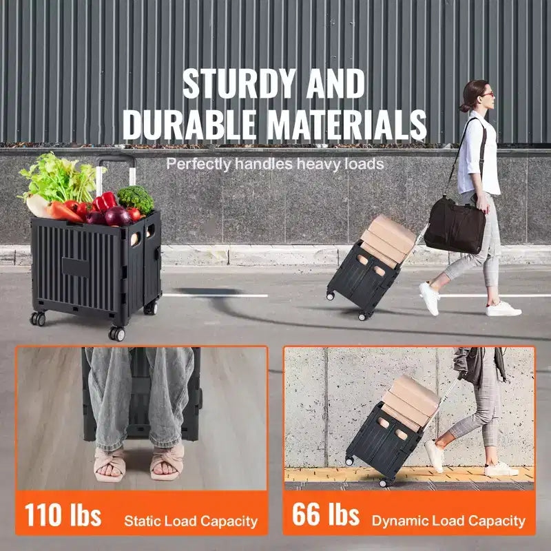 Carrello multiuso pieghevole con manico telescopico, capacità 50 kg, 4 ruote girevoli
