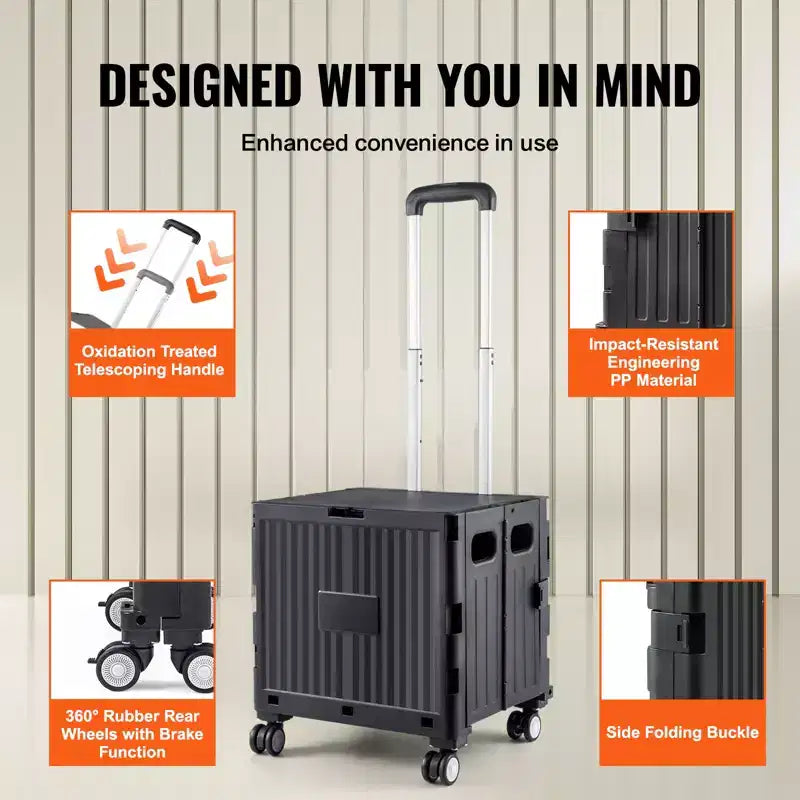 Carrello multiuso pieghevole con manico telescopico, capacità 50 kg, 4 ruote girevoli
