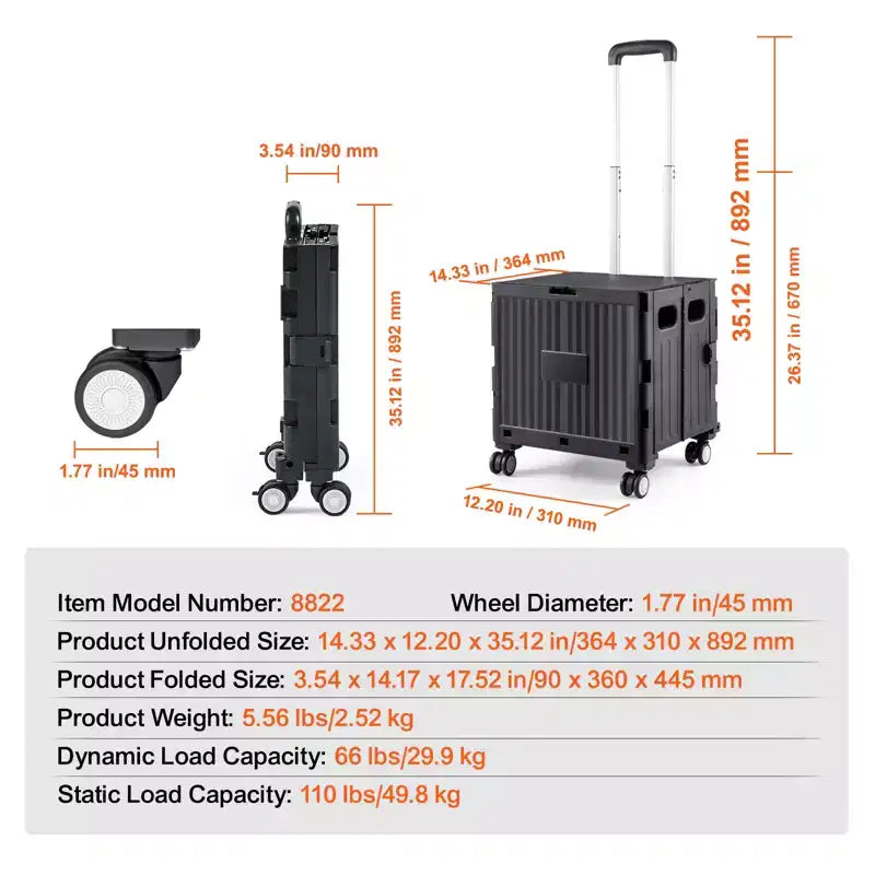 Carrello multiuso pieghevole con manico telescopico, capacità 50 kg, 4 ruote girevoli