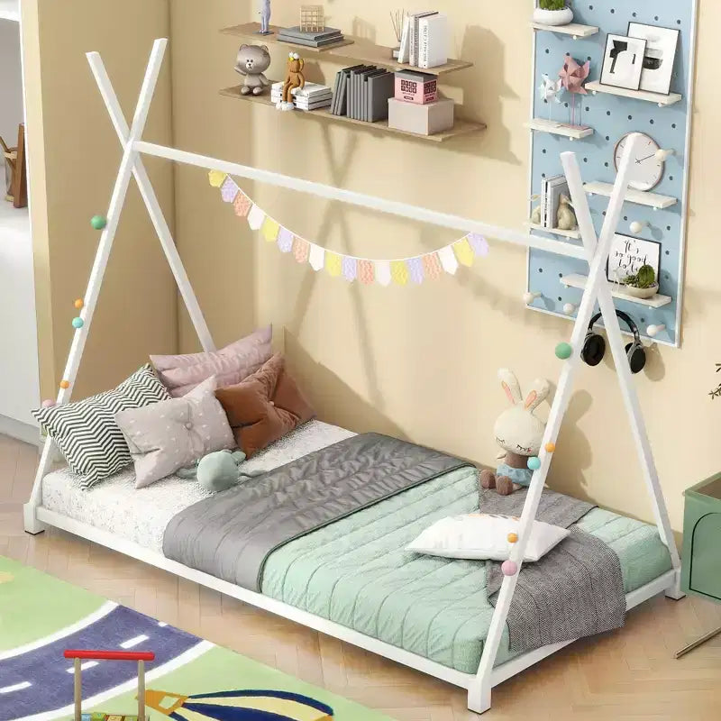 Letto a capanna in metallo singolo con struttura triangolare, Bianco