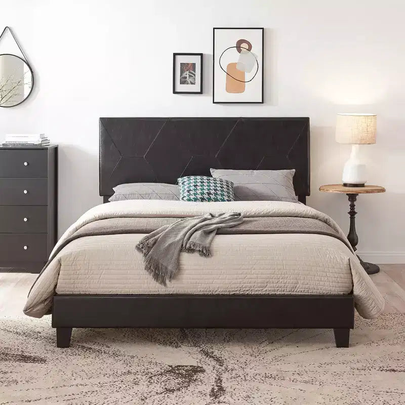 Okak Queen Size Upholstered Platform Bed Frame ,Wood Slat Support, Easy Assembly, Black, PU