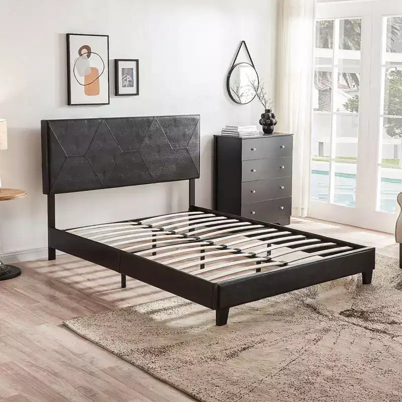 Struttura letto imbottita Queen Size con supporto a doghe in legno, nero