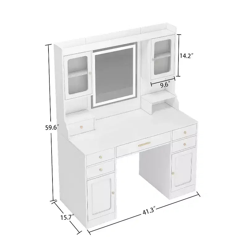 GDFStudio Velmora Tavolo da Trucco Moderno con Specchio e Luci, 6 Cassetti, 4 Armadietti e Ripiani