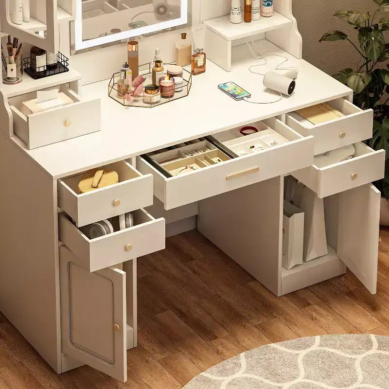 GDFStudio Velmora Tavolo da Trucco Moderno con Specchio e Luci, 6 Cassetti, 4 Armadietti e Ripiani