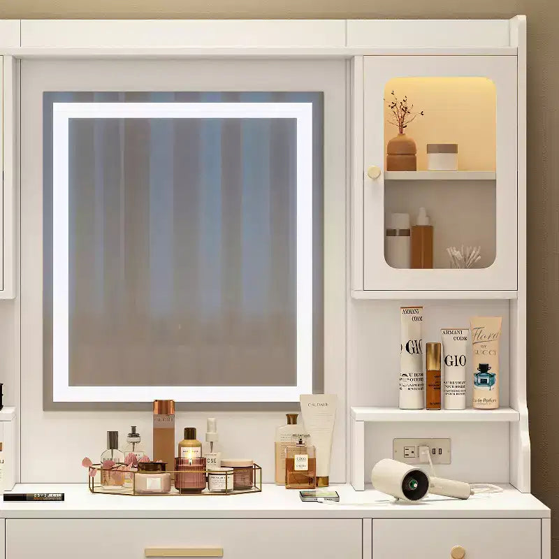 GDFStudio Velmora Tavolo da Trucco Moderno con Specchio e Luci, 6 Cassetti, 4 Armadietti e Ripiani