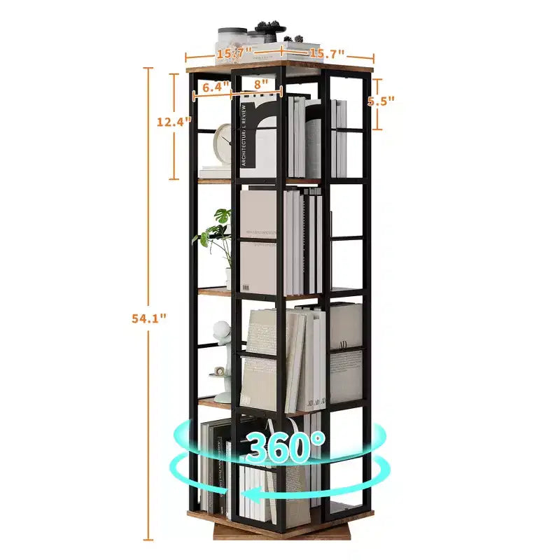 Libreria Girevole a 4 Livelli con Struttura in Metallo, Rotazione a 360°, 40 x 137 cm
