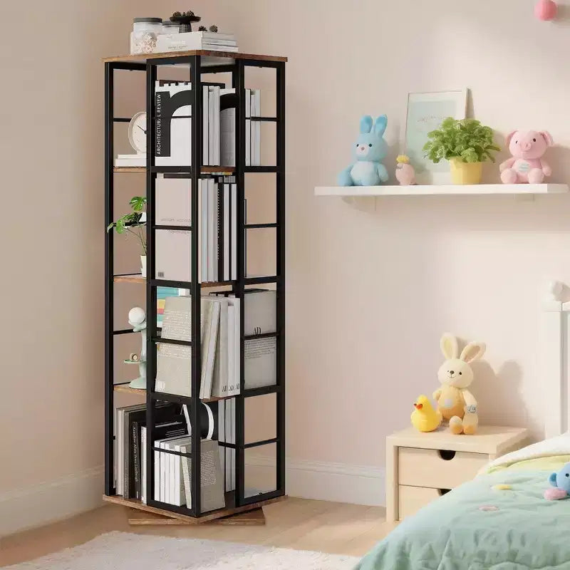 Libreria Girevole a 4 Livelli con Struttura in Metallo, Rotazione a 360°, 40 x 137 cm