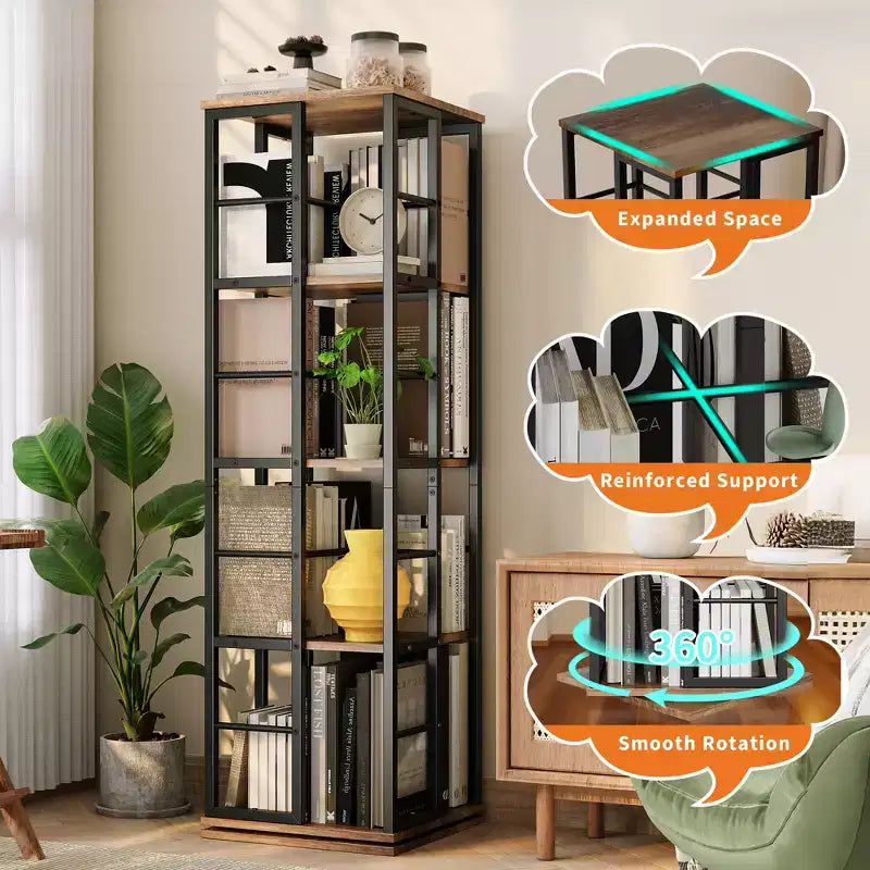 Libreria Girevole a 4 Livelli con Struttura in Metallo, Rotazione a 360°, 40 x 137 cm