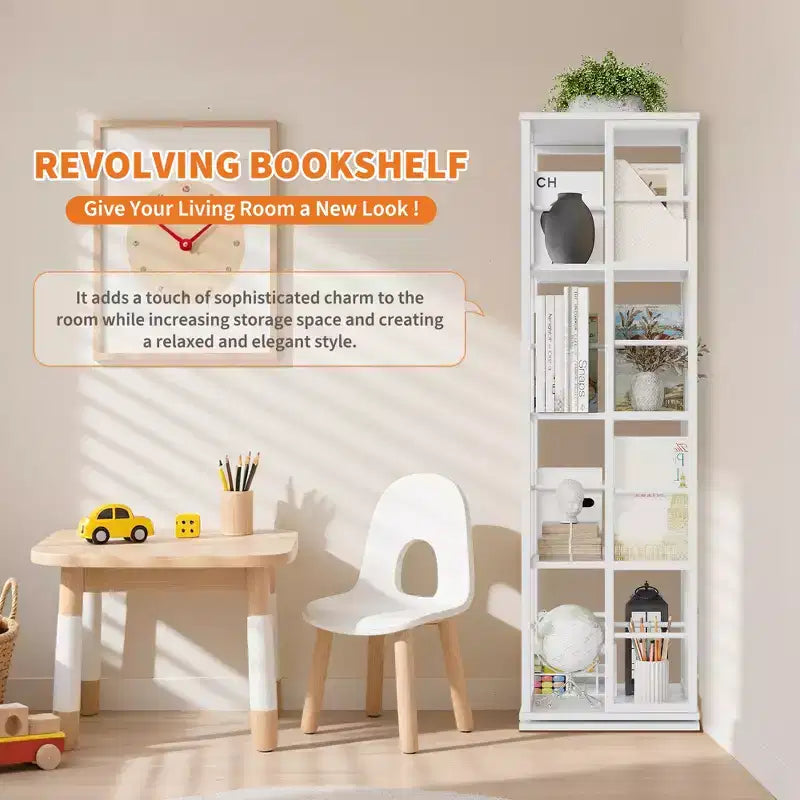 Libreria Girevole a 4 Livelli con Struttura in Metallo, Rotazione a 360°, 40 x 137 cm