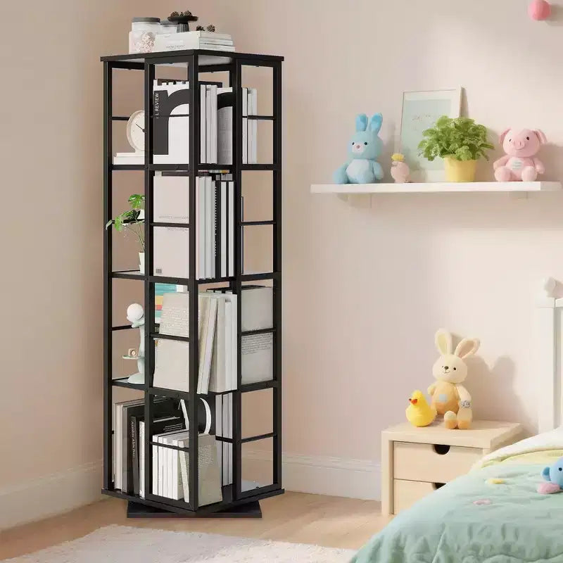 Libreria Girevole a 4 Livelli con Struttura in Metallo, Rotazione a 360°, 40 x 137 cm