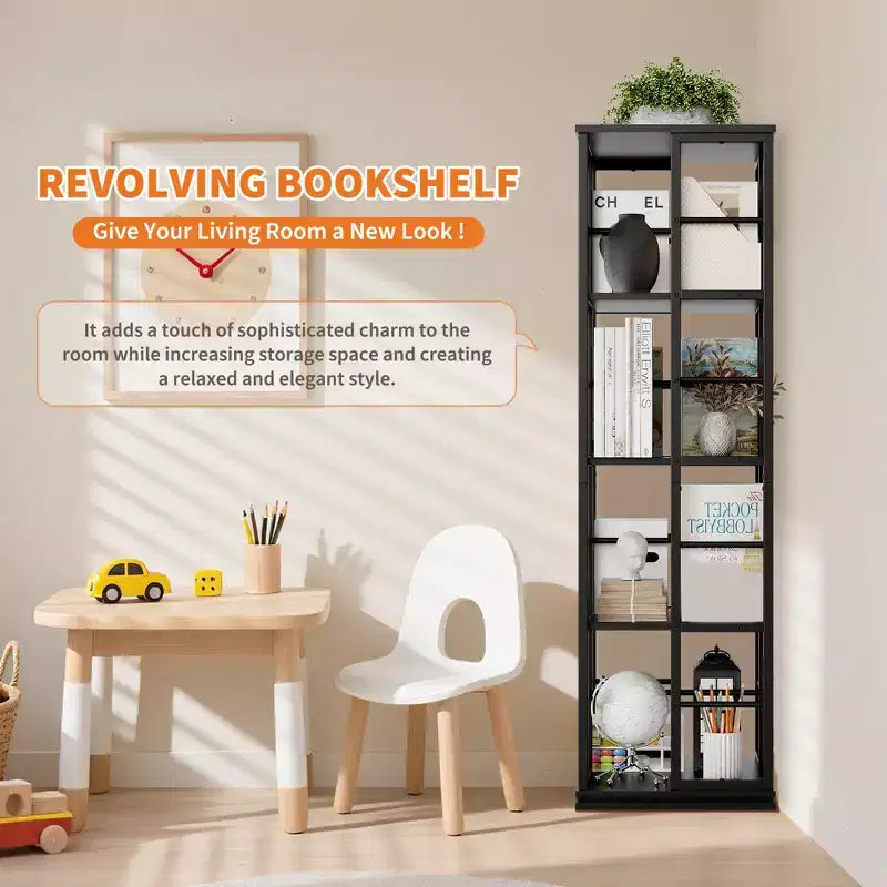 Libreria Girevole a 4 Livelli con Struttura in Metallo, Rotazione a 360°, 40 x 137 cm