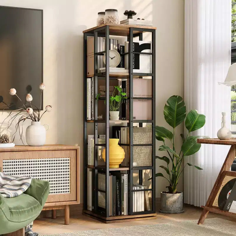 Libreria Girevole a 4 Livelli con Struttura in Metallo, Rotazione a 360°, 40 x 137 cm
