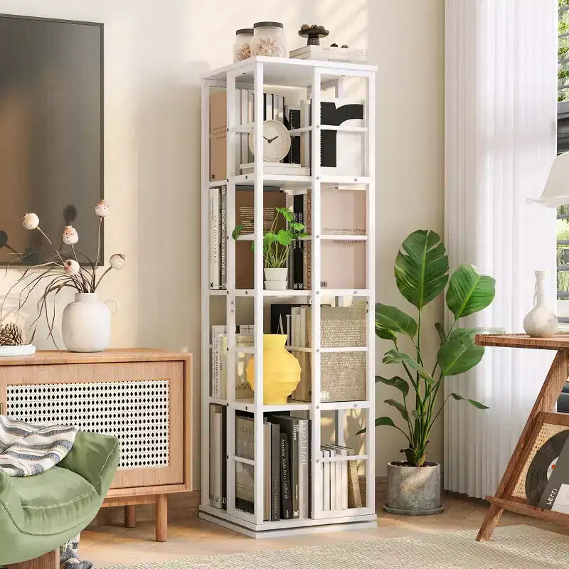 Libreria Girevole a 4 Livelli con Struttura in Metallo, Rotazione a 360°, 40 x 137 cm