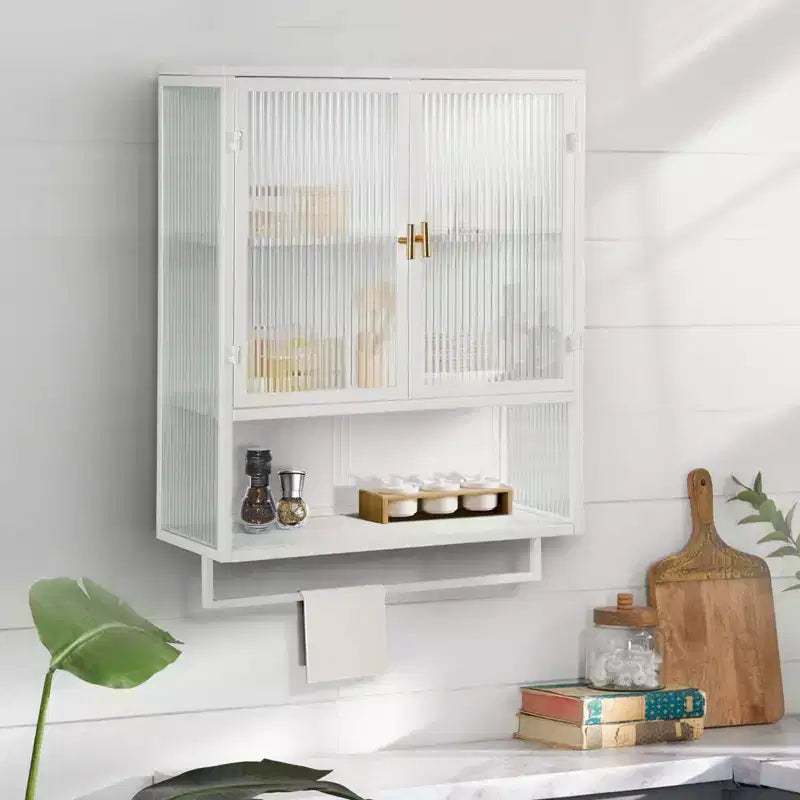 TROPOW Wall-Mounted Double Glass Door Cabinet,Storage Cabinet with Detachable Shelves, Versatile Sideboard for Kitchen Laundry Office White Style 3