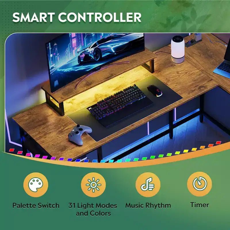Scrivania da Gaming a L da 55 Pollici con Contenitore, Prese di Corrente e Luci a LED