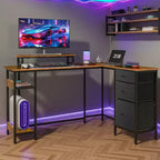 Scrivania da Gaming a L da 55 Pollici con Contenitore, Prese di Corrente e Luci a LED