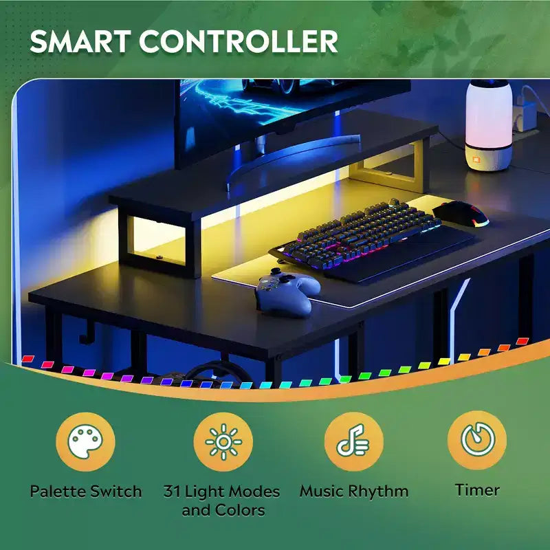 Scrivania da Gaming a L da 55 Pollici con Contenitore, Prese di Corrente e Luci a LED