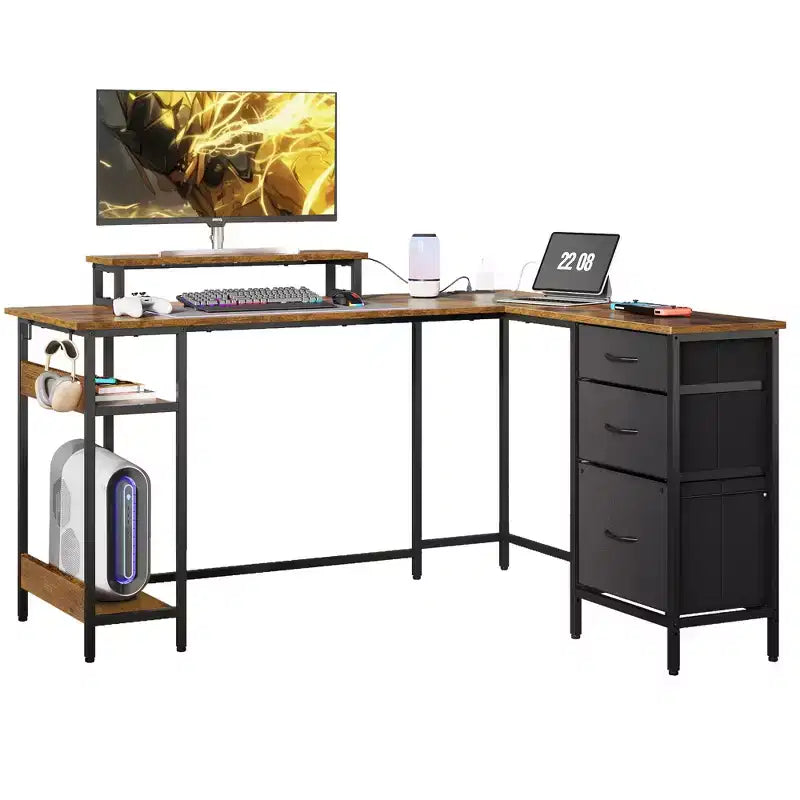 Scrivania da Gaming a L da 55 Pollici con Contenitore, Prese di Corrente e Luci a LED