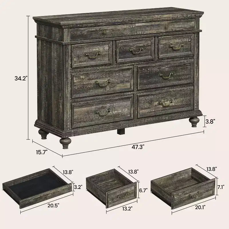 Cassettiera a 9 cassetti con maniglie in metallo vintage, larghezza 120 cm
