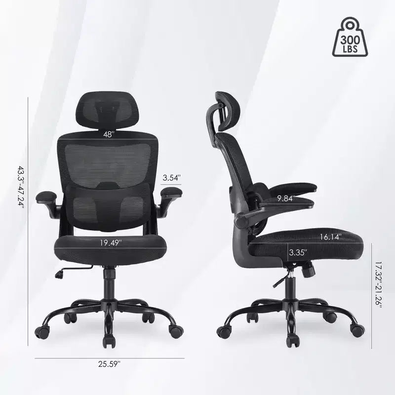 Sedia ergonomica da ufficio con schienale alto, braccioli ribaltabili e supporto lombare regolabile