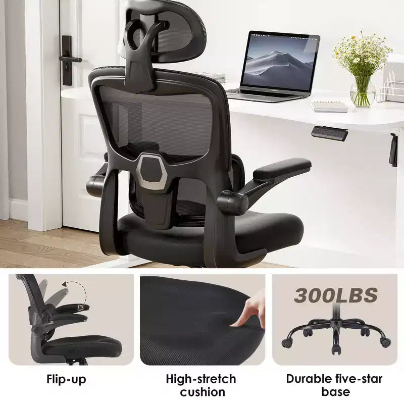 Sedia ergonomica da ufficio con schienale alto, braccioli ribaltabili e supporto lombare regolabile