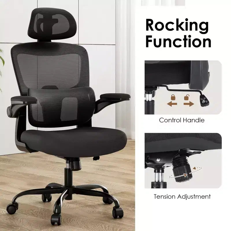 Sedia ergonomica da ufficio con schienale alto, braccioli ribaltabili e supporto lombare regolabile