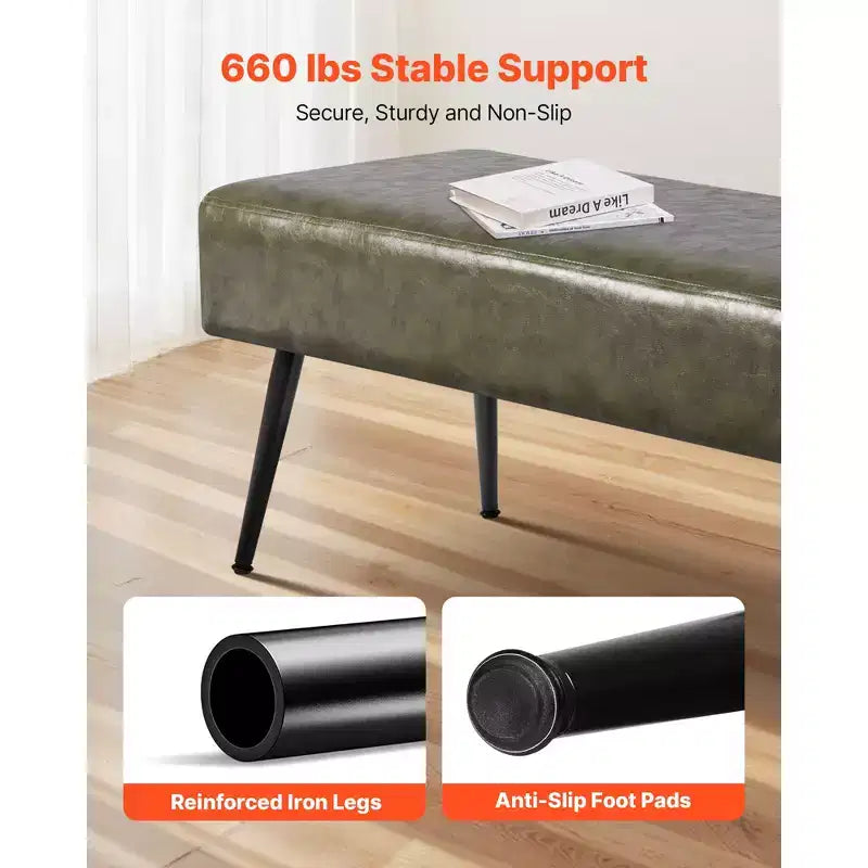 Panca contenitore imbottita con similpelle PU e gambe in metallo, verde