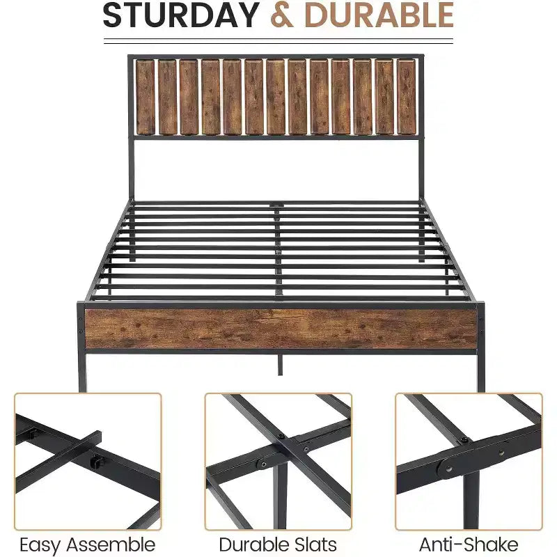 Struttura letto in metallo con testiera e pediera – Letto a piattaforma, nessun box spring richiesto, contenitore sotto il letto