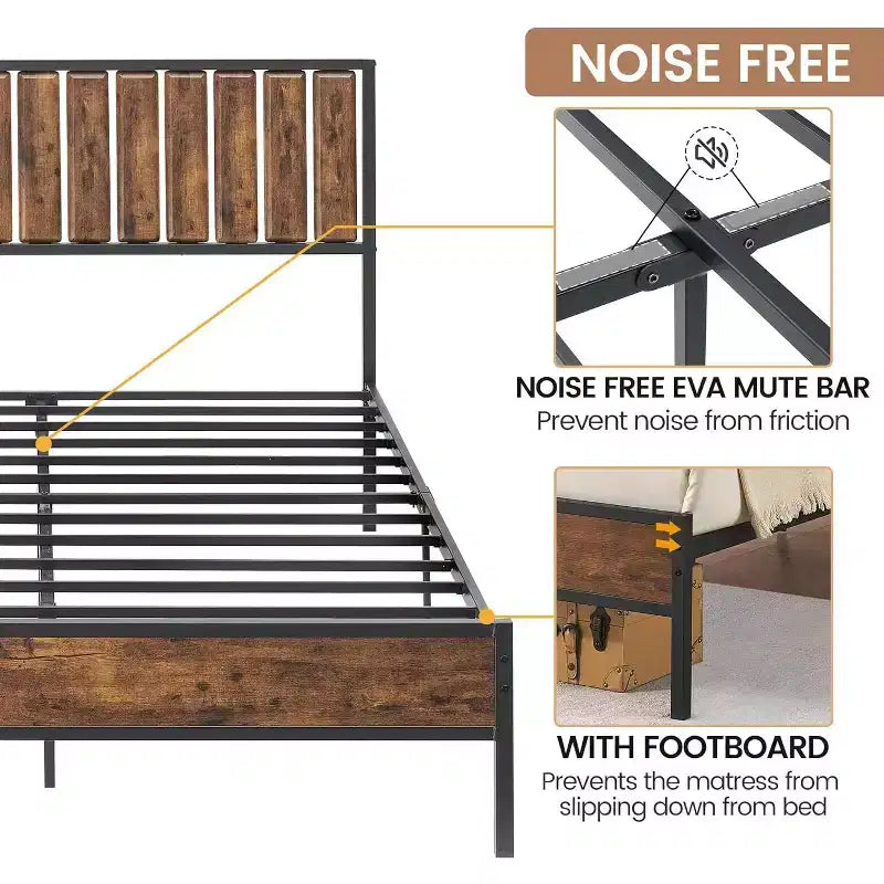 Struttura letto in metallo con testiera e pediera – Letto a piattaforma, nessun box spring richiesto, contenitore sotto il letto