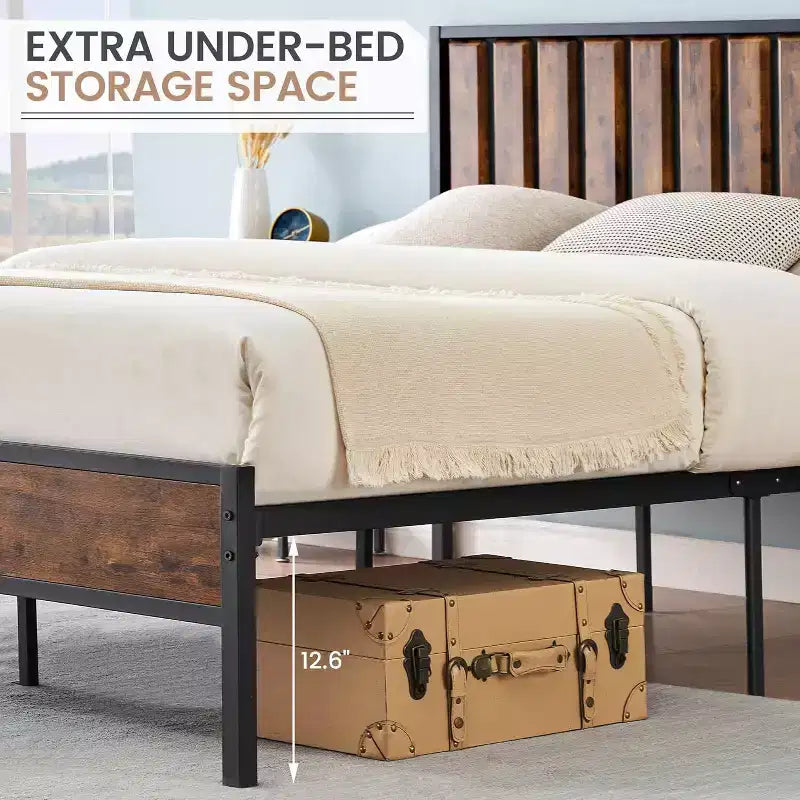 Struttura letto in metallo con testiera e pediera – Letto a piattaforma, nessun box spring richiesto, contenitore sotto il letto