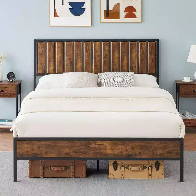 Struttura letto in metallo con testiera e pediera – Letto a piattaforma, nessun box spring richiesto, contenitore sotto il letto