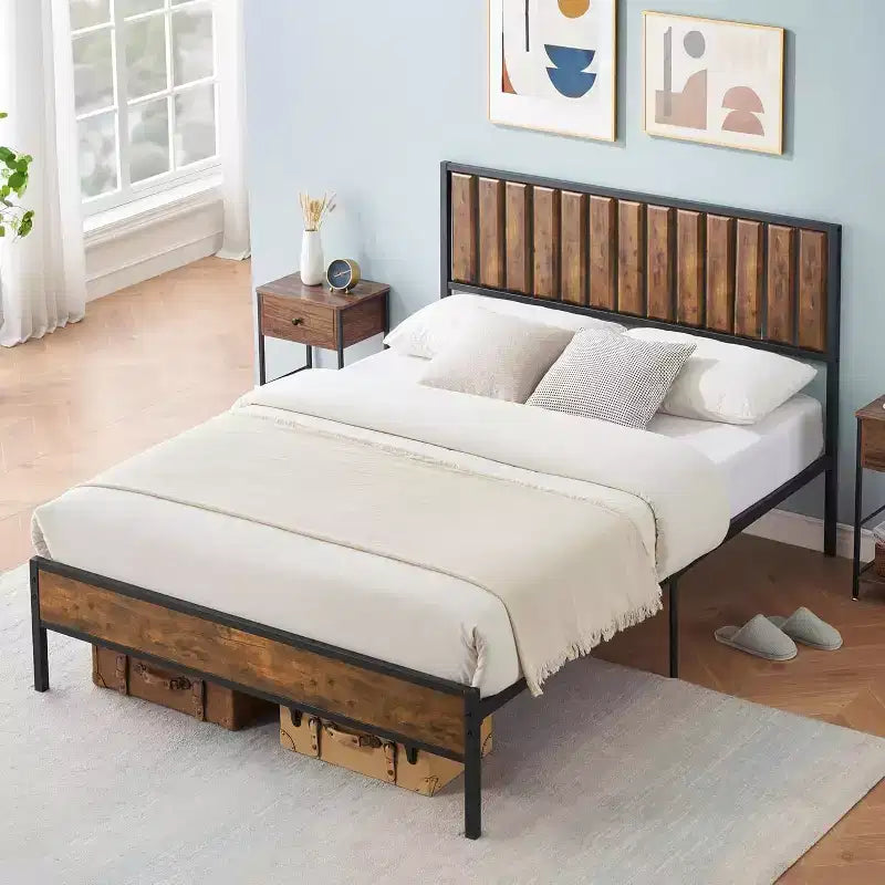 Struttura letto in metallo con testiera e pediera – Letto a piattaforma, nessun box spring richiesto, contenitore sotto il letto