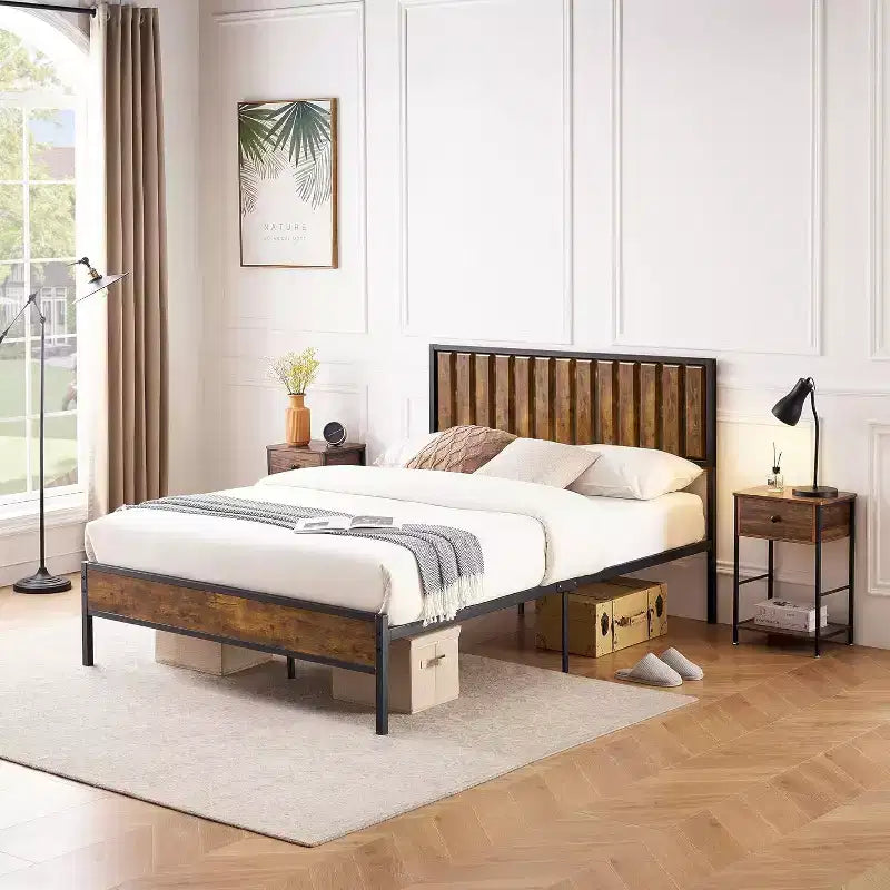 Struttura letto in metallo con testiera e pediera – Letto a piattaforma, nessun box spring richiesto, contenitore sotto il letto