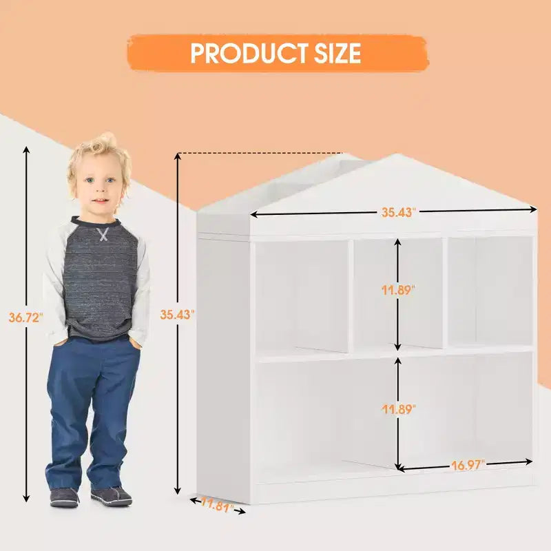 Libreria per bambini a 2 ripiani con organizer giocattoli a 5 scomparti, design a tetto di casetta, bianco