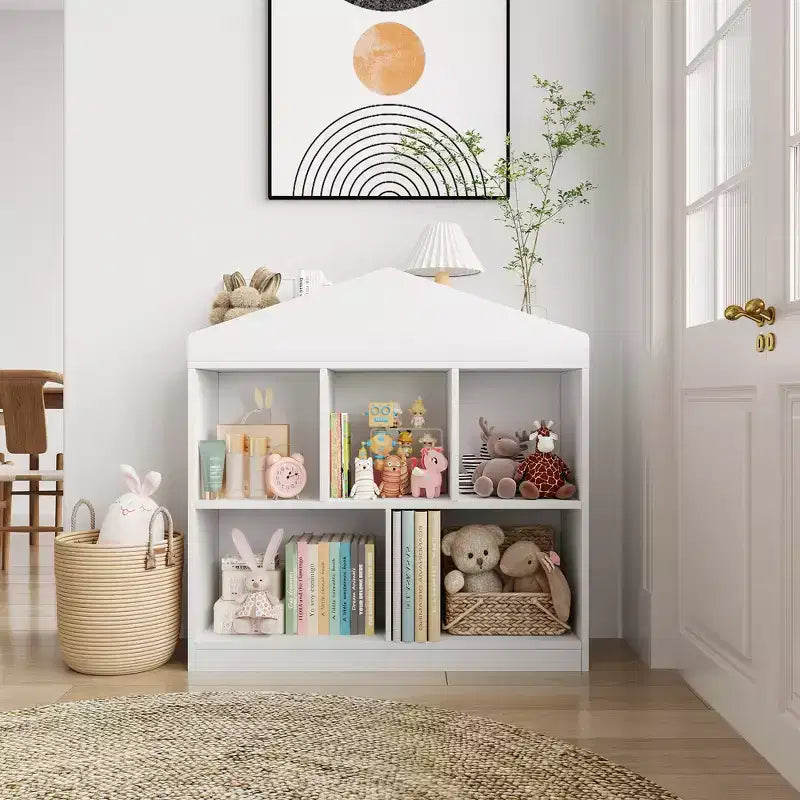 Libreria per bambini a 2 ripiani con organizer giocattoli a 5 scomparti, design a tetto di casetta, bianco