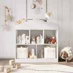 Libreria per bambini a 2 ripiani con organizer giocattoli a 5 scomparti, design a tetto di casetta, bianco