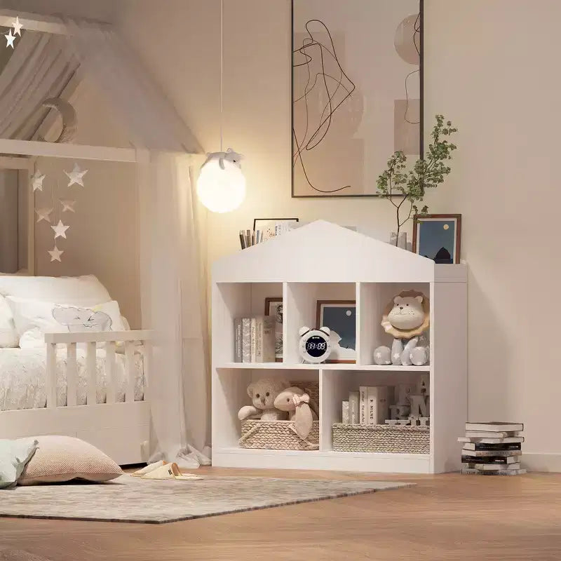 Libreria per bambini a 2 ripiani con organizer giocattoli a 5 scomparti, design a tetto di casetta, bianco