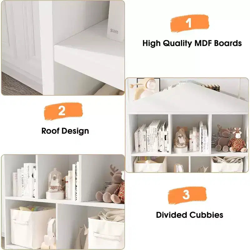 Libreria per bambini a 2 ripiani con organizer giocattoli a 5 scomparti, design a tetto di casetta, bianco