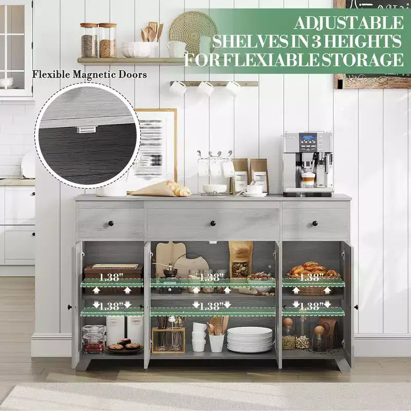 Mobile Credenza/Buffet da 55" con 3 Cassetti e 4 Ante, Ripiano Regolabile