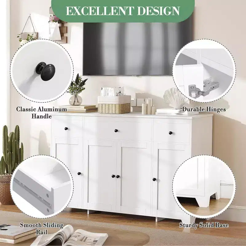 Mobile Credenza/Buffet da 55" con 3 Cassetti e 4 Ante, Ripiano Regolabile